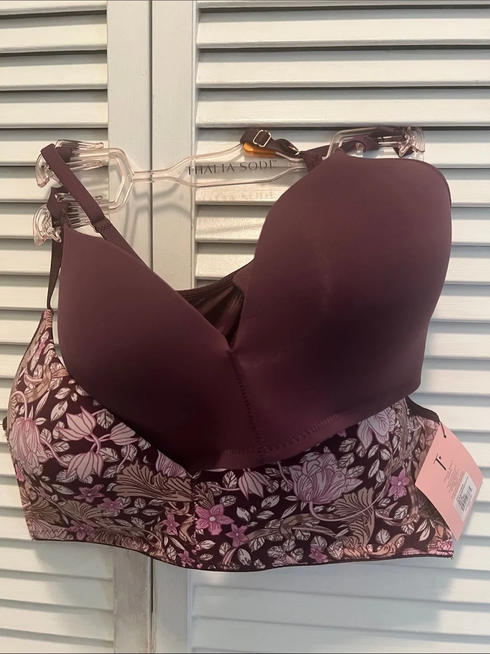 #2595**Thalia Sodi Plum Floral Longline Bra with Pink Accents